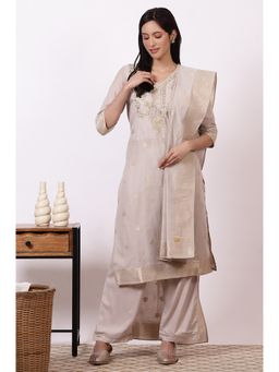 Aurelia - White Polyester V-Neck Kurta with Pant and Dupatta (Set of 3)