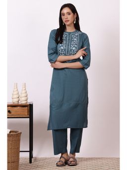 Aurelia - Blue Pure Cotton Mandarin Neck Kurta with Palazzo (Set of 2)