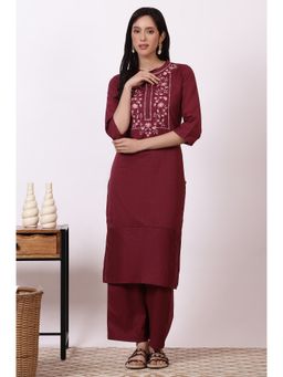 Aurelia - Maroon Pure Cotton Mandarin Neck Kurta with Palazzo (Set of 2)