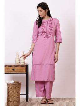 Aurelia - Pink Pure Cotton Mandarin Neck Kurta with Palazzo (Set of 2)