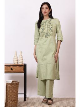 Aurelia - Green Pure Cotton Mandarin Neck Kurta with Palazzo (Set of 2)