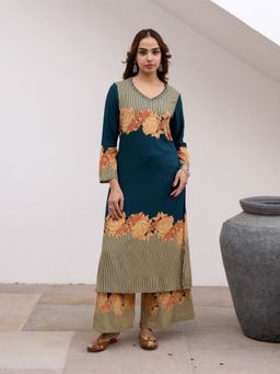 Autumnlane - Teal Cotton Blend Round Neck Kurta with Palazzo (Set of 2)
