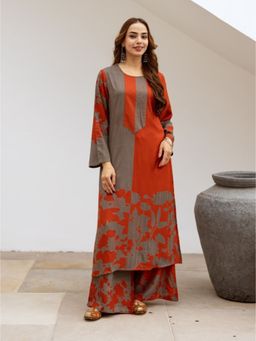 Autumnlane - Orange Cotton Blend Round Neck Kurta with Palazzo (Set of 2)