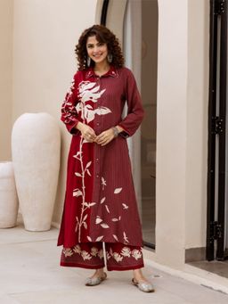 Autumnlane - Red Cotton Blend Collar Neck Kurta with Palazzo (Set of 2)