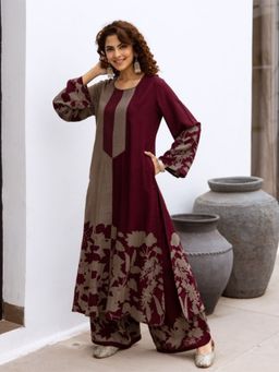 Autumnlane - Maroon Cotton Blend Round Neck Kurta with Palazzo (Set of 2)
