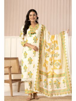 Autumnlane - Off White Cotton V-Neck Kurta with Pant and Dupatta (Set of 3)