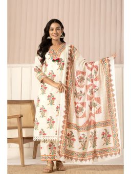 Autumnlane - Off White Cotton V-Neck Kurta with Pant and Dupatta (Set of 3)