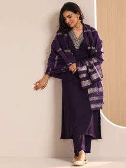Gerua By Libas - Purple Silk Blend V-Neck Kurta with Pant and Dupatta (Set of 3)