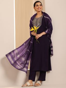 Gerua By Libas - Purple Silk Blend Round Neck Kurta with Pant and Dupatta (Set of 3)