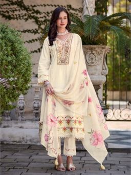 Autumnlane - Cream Cotton V-Neck Kurta with Pant and Dupatta (Set of 3)