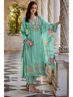 Autumnlane - Green Cotton V-Neck Kurta with Pant and Dupatta (Set of 3)