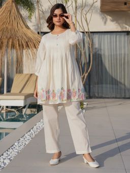 Autumnlane - White Cotton Round Neck Kurti with Pant (Set of 2)