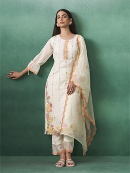 Autumnlane - Off White Viscose Round Neck Kurta with Pant and Dupatta (Set of 3)