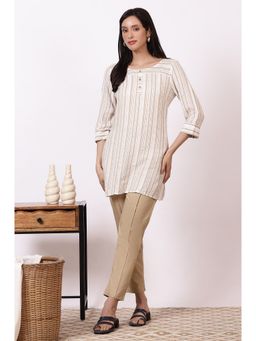 Aurelia - Beige Cotton Blend Round Neck Kurti with Pant (Set of 2)