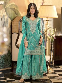 Autumnlane - Green Viscose V-Neck Kurta with Sharara and Dupatta (Set of 3)