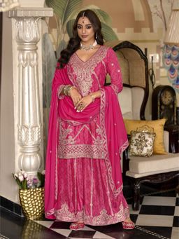 Autumnlane - Pink Viscose V-Neck Kurta with Sharara and Dupatta (Set of 3)
