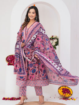 Autumnlane - Pink Cotton V-Neck Kurta with Pant and Dupatta (Set of 3)