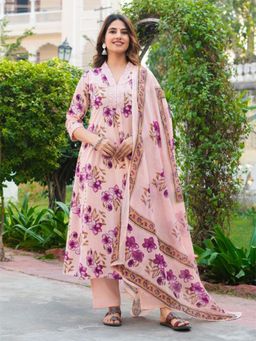 Autumnlane - Peach Cotton V-Neck Kurta with Pant and Dupatta (Set of 3)