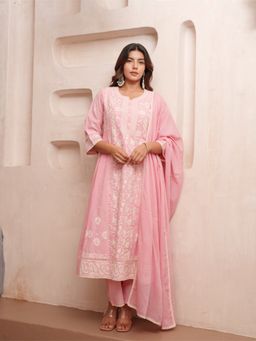 Autumnlane - Pink Cotton Round Neck Kurta with Pant and Dupatta (Set of 3)