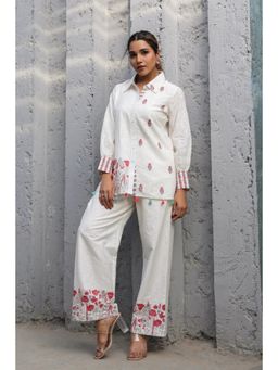 Autumnlane - White Cotton Collar Neck Shirt with Pant Co-Ord (Set of 2)