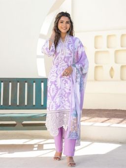 Autumnlane - Purple Cotton V-Neck Kurta with Pant and Dupatta (Set of 3)