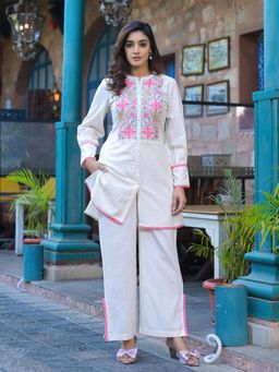 Autumnlane - White Cotton Mandarin Neck Kurti with Pant (Set of 2)