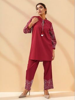 Autumnlane - Red Cotton Mandarin Neck Kurti with Pant (Set of 2)