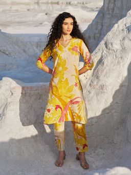 W - Yellow Viscose V-Neck Kurta and Pant (Set of 2)