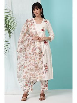 W - Off Pure Cotton Round Neck Kurta With Pant and Dupatta (Set of 3)