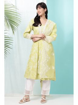 W - Green Viscose V-Neck Kurta With Pant and Dupatta (Set of 3)