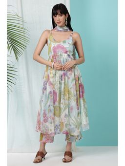 W - Blue Polyester Shoulder Straps Kurta With Pant and Dupatta (Set of 3)