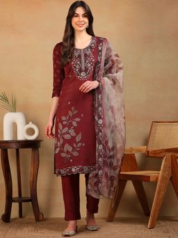 Vaamsi - Women Rust Organza Floral Kurta with Pant and Dupatta (Set of 3)