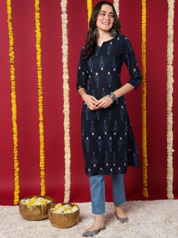 Vaamsi - Women Navy Blue Cotton Printed Straight Kurta