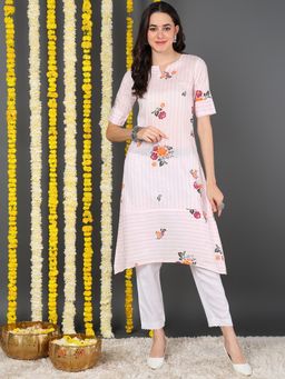 Vaamsi - Women Off White Cotton Striped Printed A-Line Kurta