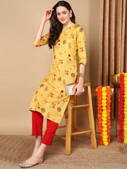 Vaamsi - Women Mustard Cotton Floral Printed Straight Kurta