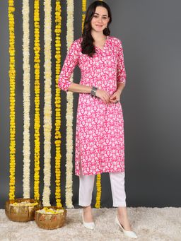 Vaamsi - Women Pink Cotton Ethnic Motifs Printed Straight Kurta