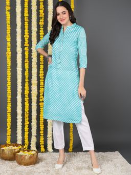 Vaamsi - Women Turquoise Cotton Leheriya Printed Straight Kurta