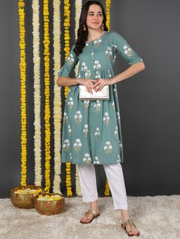Vaamsi - Women Sea Green Cotton Ethnic Motifs Printed A-Line Kurta