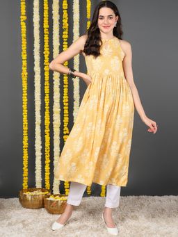 Vaamsi - Women Yellow Cotton Ethnic Motifs Printed A-Line Kurta (Vck8515A)