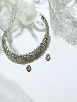 Accessher - White Brass Stones Necklace and Pair Of Earrings