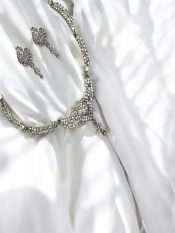 Accessher - White Brass Stones Necklace and Pair Of Earrings