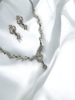 Accessher - White Brass Stones Necklace and Pair Of Earrings