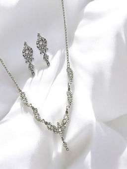 Accessher - White Brass Stones Necklace and Pair Of Earrings