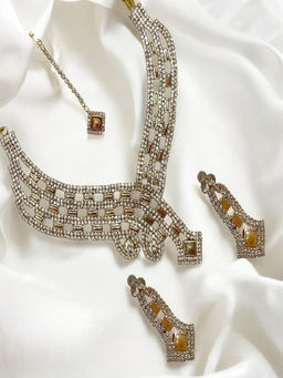 Accessher - Yellow Brass Stones Necklace, Maangtikaa and Pair Of Earrings