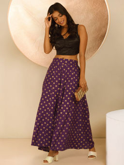 Likha - Rayon Gold Khadi Printed Purple Kalidar Palazzo LIKKPL004