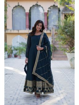 JATRIQQ - Women Teal Embroidered Gown with Dupatta