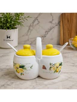 Kookee - Ceramic Twin Condiment Jars with Lid and Spoon Pickle Sauce Yellow (12357)