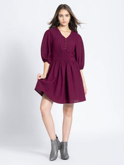 SHAYE - Wine V-Neck Stripes Three-Quarter Sleeves Casual Dress