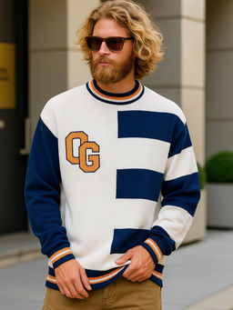 Bewakoof - Men's White & Blue Color Block Oversized Sweater