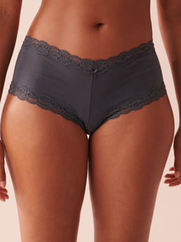 La Vie En Rose - Navy Blue Cotton and Lace Trim Cheeky Panty